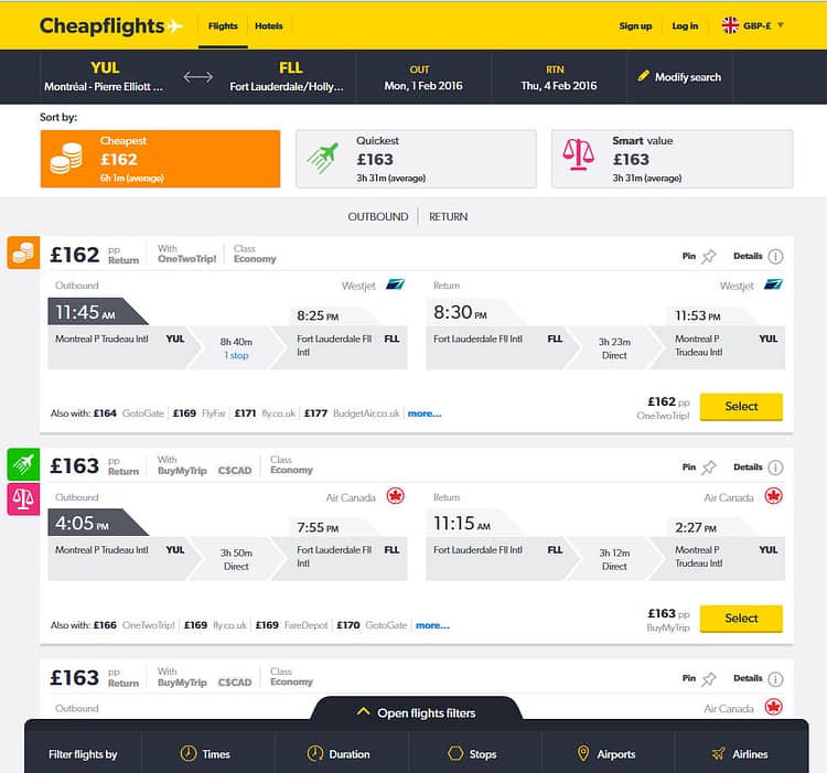 Cheapflights result page example with Filter bar